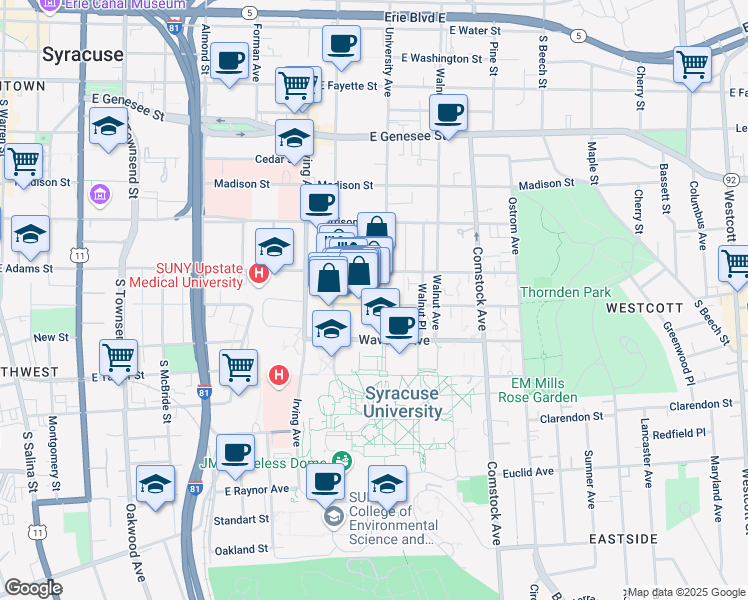 map of restaurants, bars, coffee shops, grocery stores, and more near 1004 East Adams Street in Syracuse