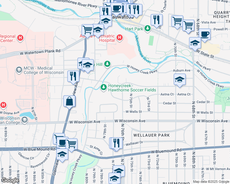 map of restaurants, bars, coffee shops, grocery stores, and more near 7700 Portland Avenue in Wauwatosa