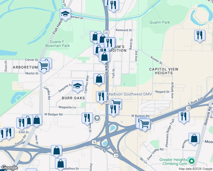 map of restaurants, bars, coffee shops, grocery stores, and more near S Park St & Buick St in Madison