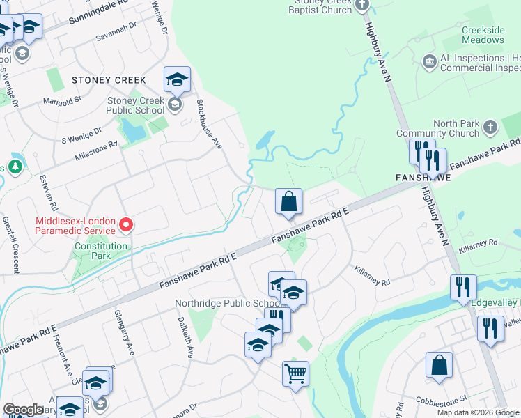 map of restaurants, bars, coffee shops, grocery stores, and more near 1420 Howlett Circle in London