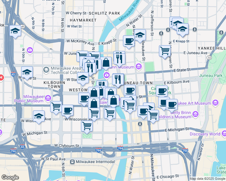 map of restaurants, bars, coffee shops, grocery stores, and more near 111 East Kilbourn Avenue in Milwaukee