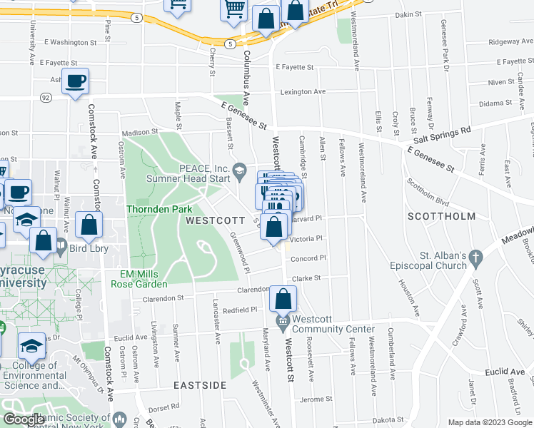 map of restaurants, bars, coffee shops, grocery stores, and more near 553 Columbus Avenue in Syracuse