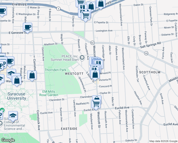 map of restaurants, bars, coffee shops, grocery stores, and more near 553 Columbus Avenue in Syracuse