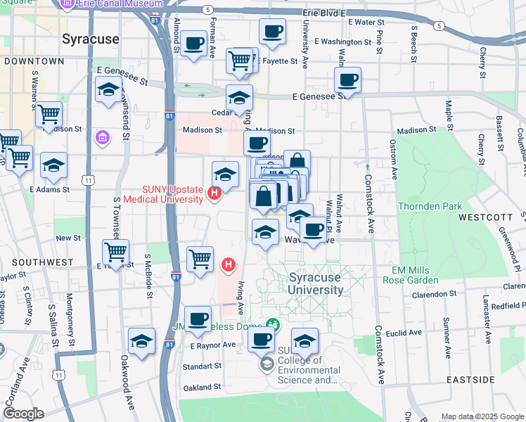 map of restaurants, bars, coffee shops, grocery stores, and more near 700 South Crouse Avenue in Syracuse