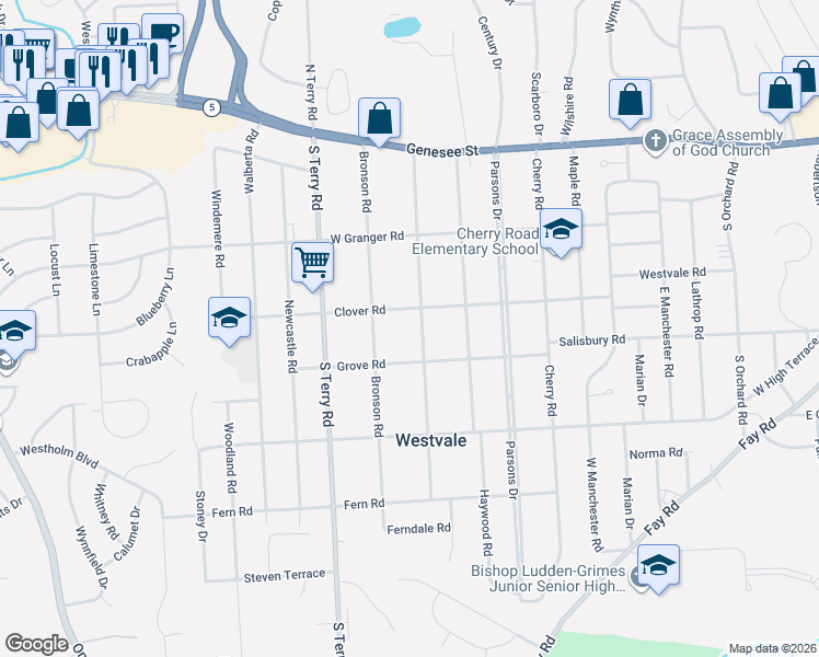 map of restaurants, bars, coffee shops, grocery stores, and more near 222 Meadow Road in Syracuse