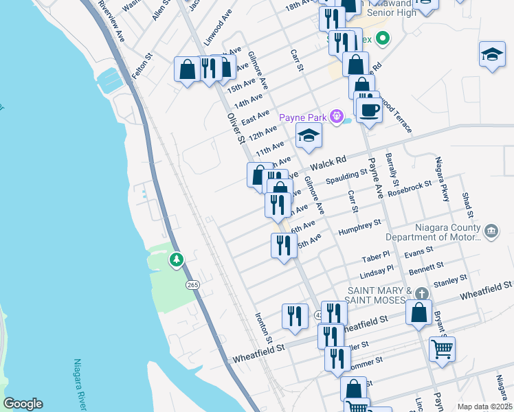 map of restaurants, bars, coffee shops, grocery stores, and more near 756 Oliver Street in North Tonawanda