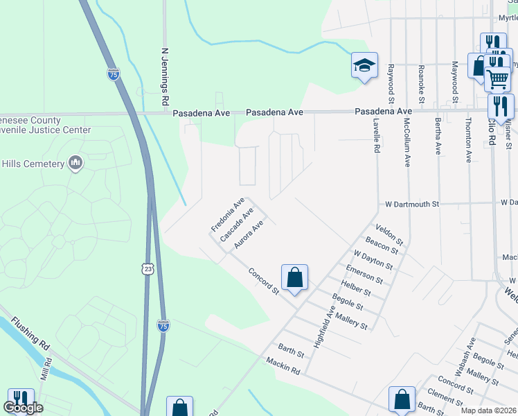 map of restaurants, bars, coffee shops, grocery stores, and more near 2412 Oakwood Drive in Flint