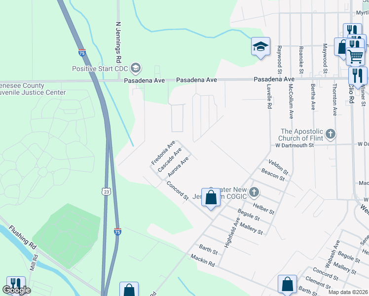 map of restaurants, bars, coffee shops, grocery stores, and more near 2412 Oakwood Drive in Flint