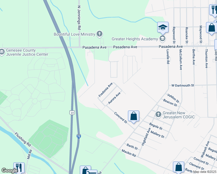 map of restaurants, bars, coffee shops, grocery stores, and more near 2349 Fredonia Avenue in Flint