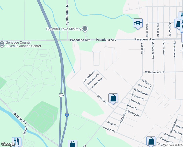 map of restaurants, bars, coffee shops, grocery stores, and more near 2349 Fredonia Avenue in Flint