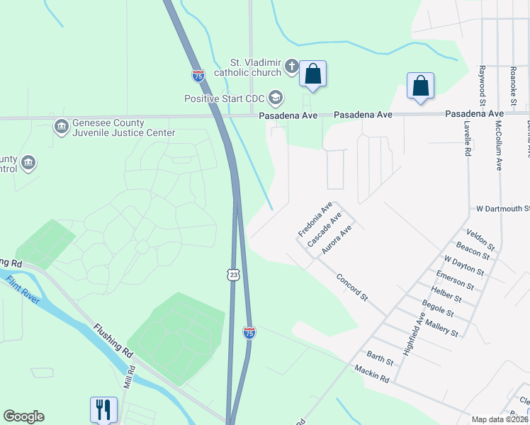 map of restaurants, bars, coffee shops, grocery stores, and more near 2363 Murphy Road in Flint