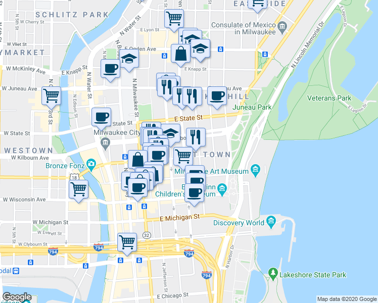 map of restaurants, bars, coffee shops, grocery stores, and more near 920 North Van Buren Street in Milwaukee