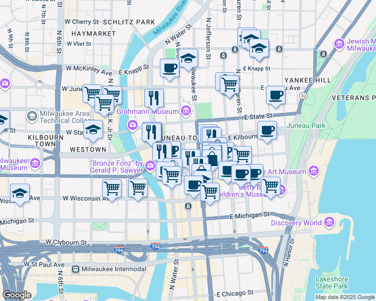 map of restaurants, bars, coffee shops, grocery stores, and more near 330 East Kilbourn Avenue in Milwaukee