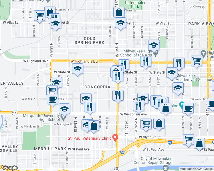 map of restaurants, bars, coffee shops, grocery stores, and more near 2819 West Richardson Place in Milwaukee