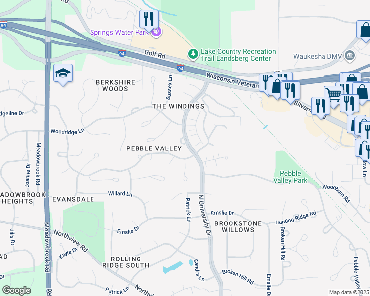 map of restaurants, bars, coffee shops, grocery stores, and more near 2709 North University Drive in Waukesha