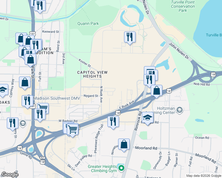 map of restaurants, bars, coffee shops, grocery stores, and more near 138-2, 141-15 Capitol View Terrace in Madison