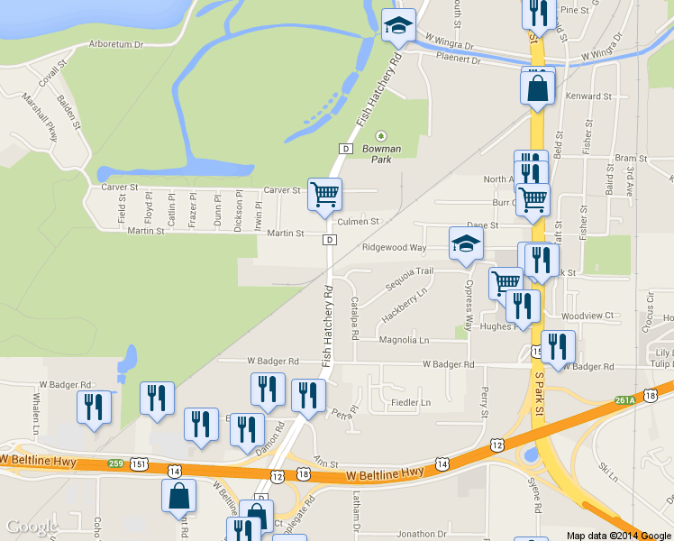 map of restaurants, bars, coffee shops, grocery stores, and more near 2121 Fish Hatchery Road in Madison