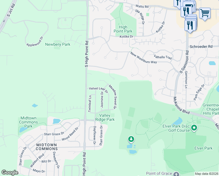 map of restaurants, bars, coffee shops, grocery stores, and more near 7555 Welton Drive in Madison