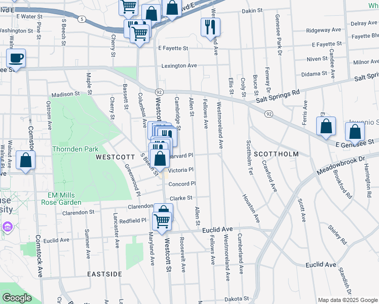 map of restaurants, bars, coffee shops, grocery stores, and more near 560 Allen Street in Syracuse