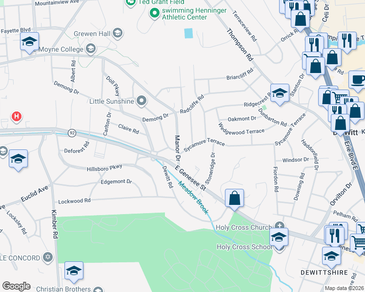 map of restaurants, bars, coffee shops, grocery stores, and more near 107 Hathaway Road in Syracuse