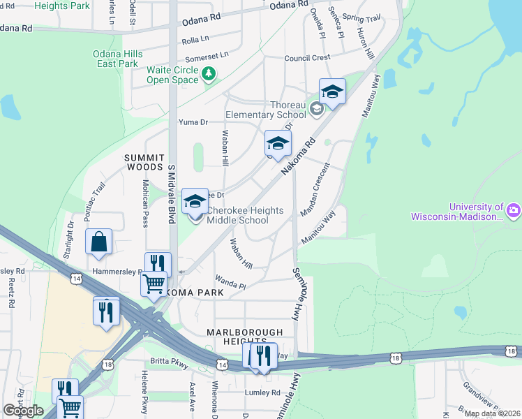 map of restaurants, bars, coffee shops, grocery stores, and more near 4121 Nakoma Road in Madison