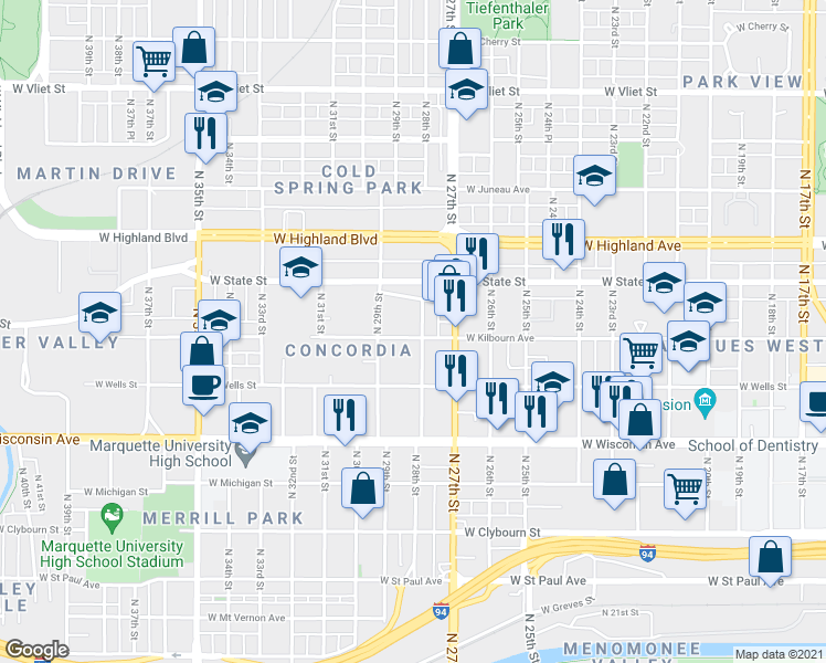 map of restaurants, bars, coffee shops, grocery stores, and more near 2804 West Kilbourn Avenue in Milwaukee