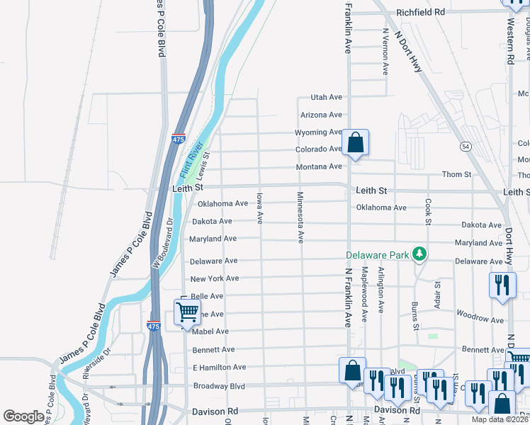 map of restaurants, bars, coffee shops, grocery stores, and more near 1611 Oklahoma Avenue in Flint