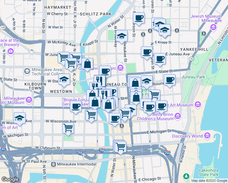 map of restaurants, bars, coffee shops, grocery stores, and more near 841 North Broadway in Milwaukee
