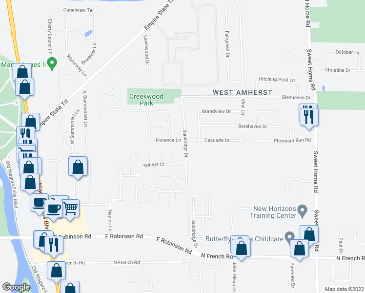map of restaurants, bars, coffee shops, grocery stores, and more near 258 Sundridge Drive in Buffalo
