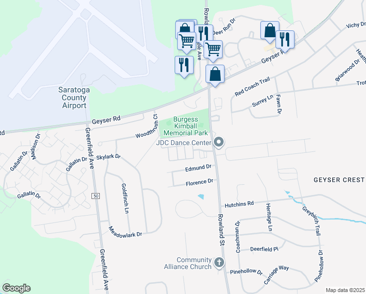 map of restaurants, bars, coffee shops, grocery stores, and more near 331-337 Rowland Street in Ballston Spa