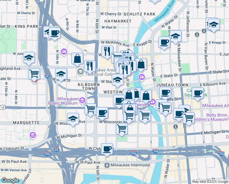 map of restaurants, bars, coffee shops, grocery stores, and more near in Milwaukee