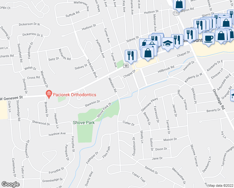 map of restaurants, bars, coffee shops, grocery stores, and more near 117 Whedon Road in Syracuse