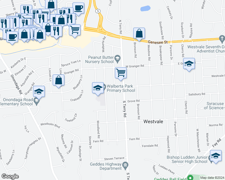 map of restaurants, bars, coffee shops, grocery stores, and more near 302 Newcastle Road in Syracuse