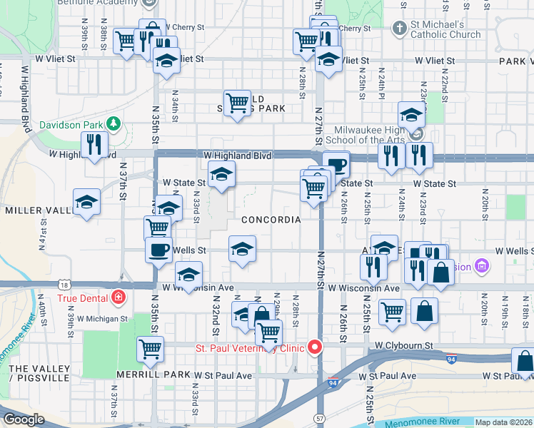 map of restaurants, bars, coffee shops, grocery stores, and more near 2900 West Kilbourn Avenue in Milwaukee