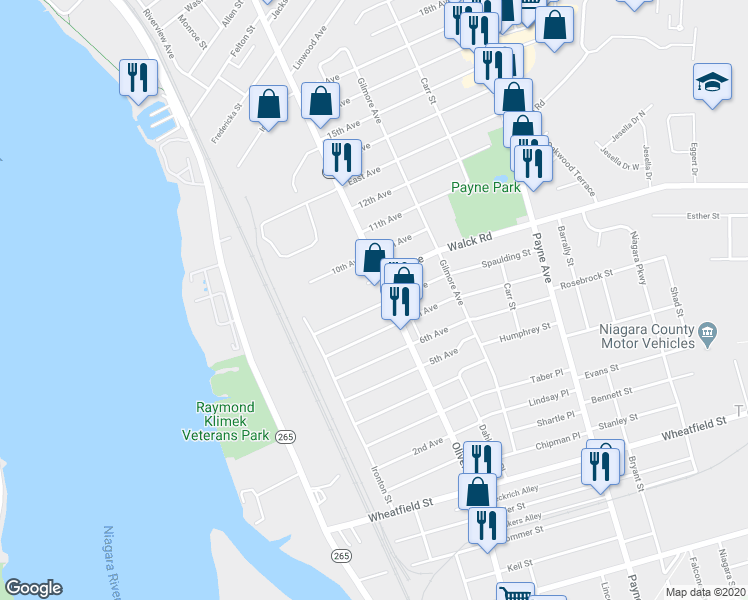 map of restaurants, bars, coffee shops, grocery stores, and more near 76 8th Avenue in North Tonawanda
