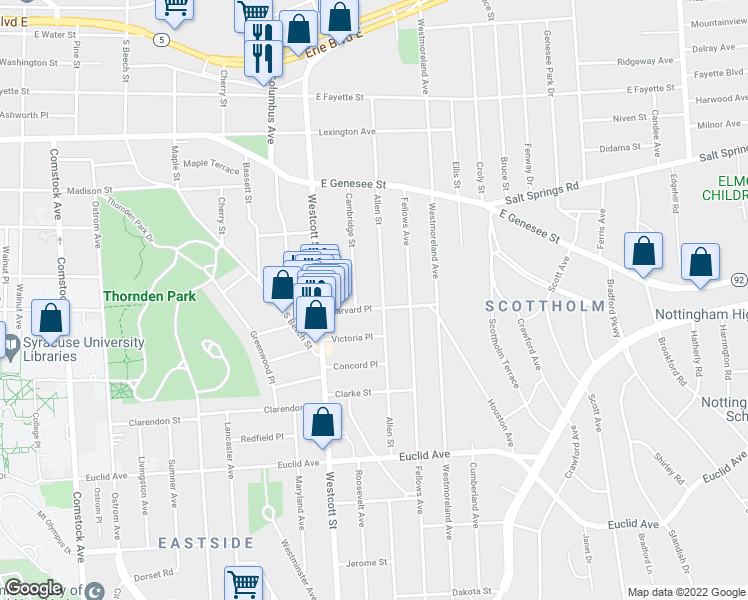 map of restaurants, bars, coffee shops, grocery stores, and more near 233 Cambridge Street in Syracuse