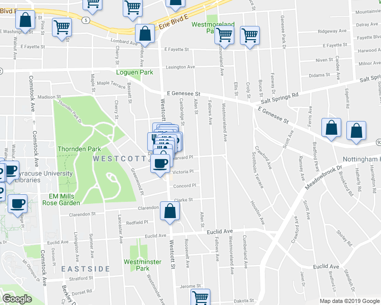 map of restaurants, bars, coffee shops, grocery stores, and more near 233 Cambridge Street in Syracuse