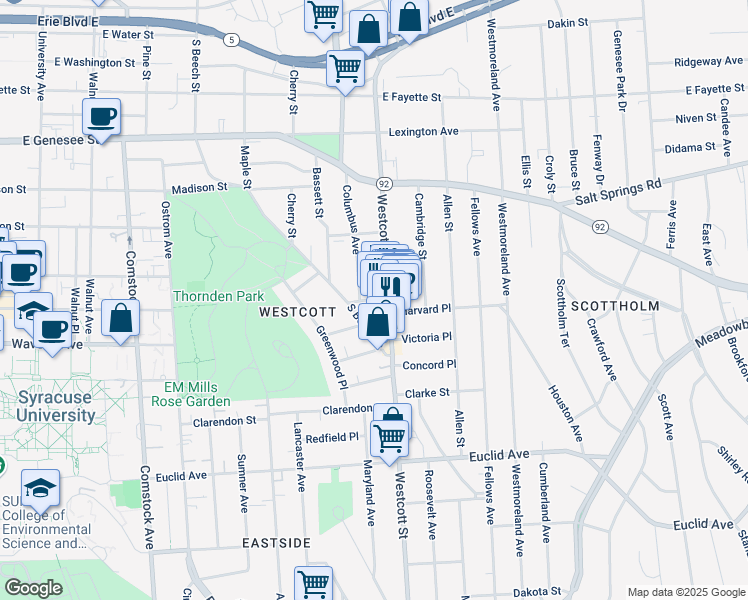 map of restaurants, bars, coffee shops, grocery stores, and more near 553 Columbus Avenue in Syracuse
