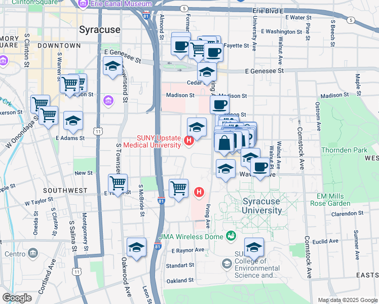map of restaurants, bars, coffee shops, grocery stores, and more near 750 East Adams Street in Syracuse