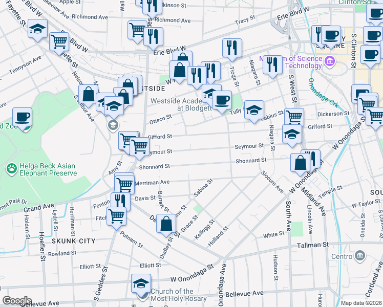 map of restaurants, bars, coffee shops, grocery stores, and more near 444 Seymour Street in Syracuse