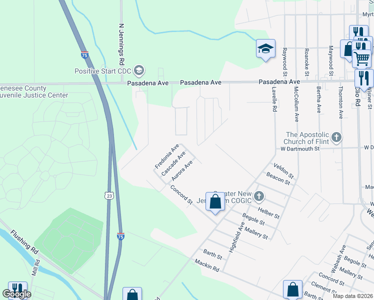 map of restaurants, bars, coffee shops, grocery stores, and more near 2349 Fredonia Avenue in Flint