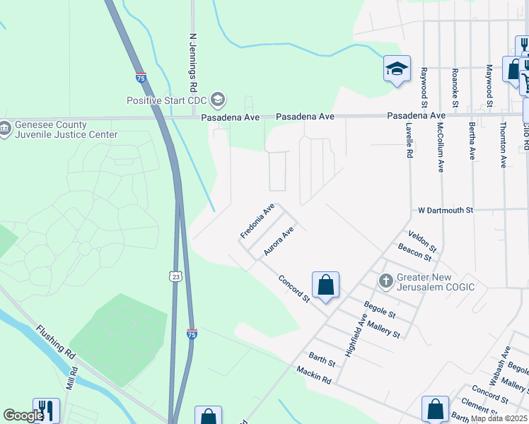 map of restaurants, bars, coffee shops, grocery stores, and more near 2349 Fredonia Avenue in Flint