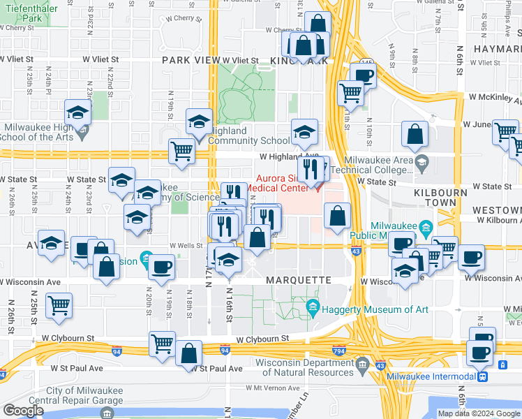 map of restaurants, bars, coffee shops, grocery stores, and more near 936 North 15th Street in Milwaukee