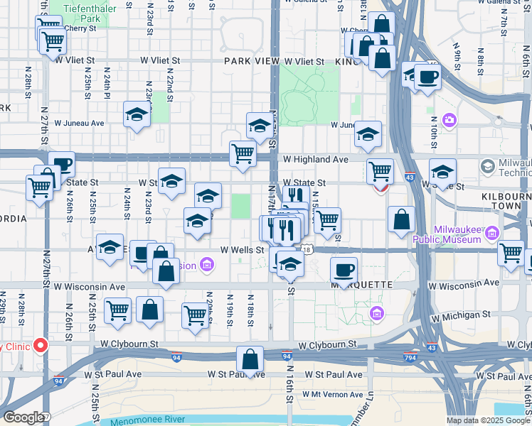 map of restaurants, bars, coffee shops, grocery stores, and more near 939-941 North 17th Street in Milwaukee
