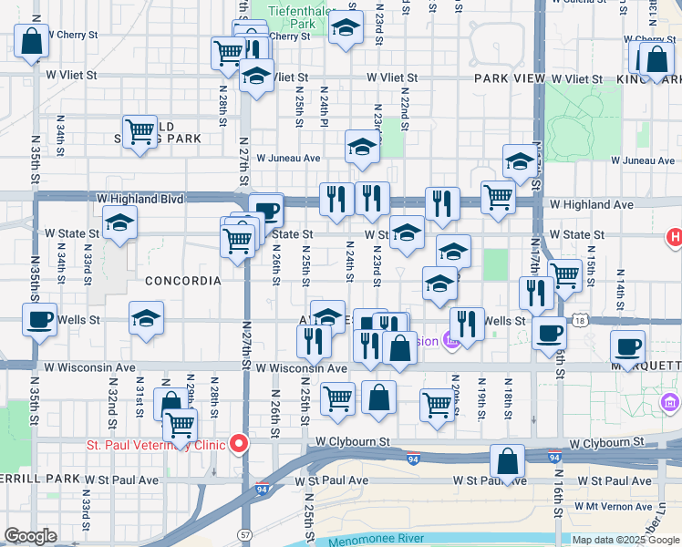 map of restaurants, bars, coffee shops, grocery stores, and more near 939 North 24th Street in Milwaukee