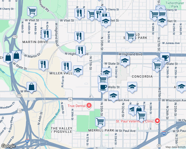 map of restaurants, bars, coffee shops, grocery stores, and more near 926R North 37th Street in Milwaukee