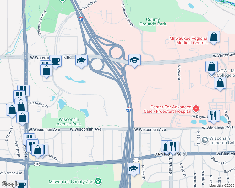 map of restaurants, bars, coffee shops, grocery stores, and more near 10000 West Innovation Drive in Wauwatosa