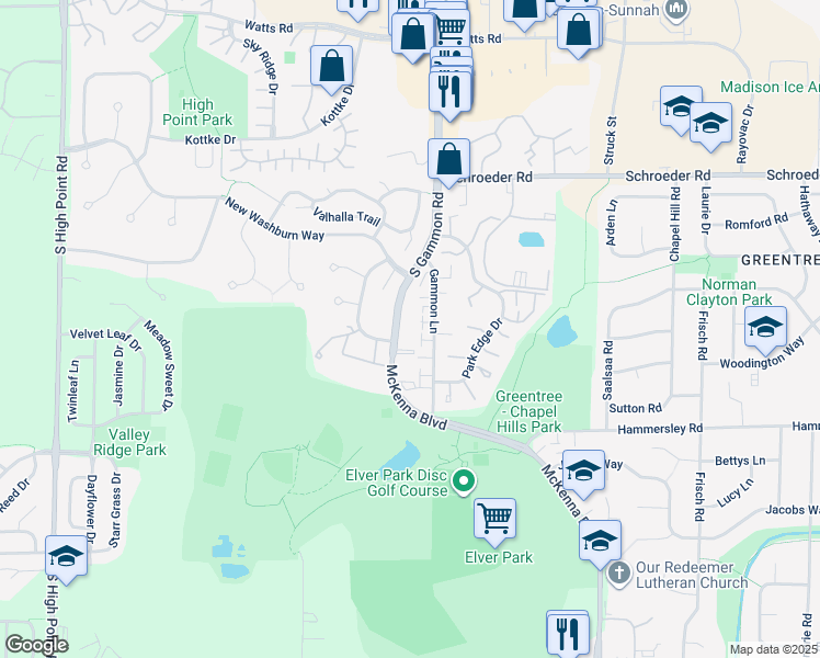 map of restaurants, bars, coffee shops, grocery stores, and more near 1034 McKenna Boulevard in Madison