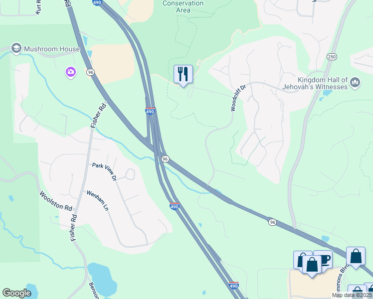 map of restaurants, bars, coffee shops, grocery stores, and more near 345 Woodcliff Drive in Fairport