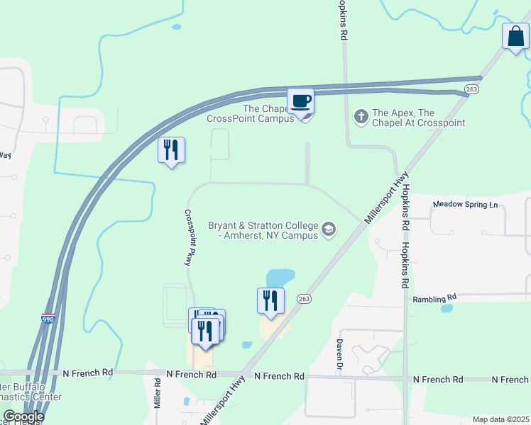 map of restaurants, bars, coffee shops, grocery stores, and more near 425 Crosspoint Parkway in Getzville